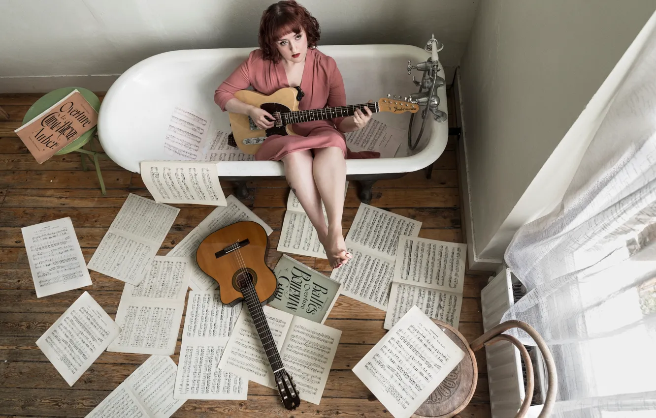 Photo wallpaper girl, music, guitar, bath