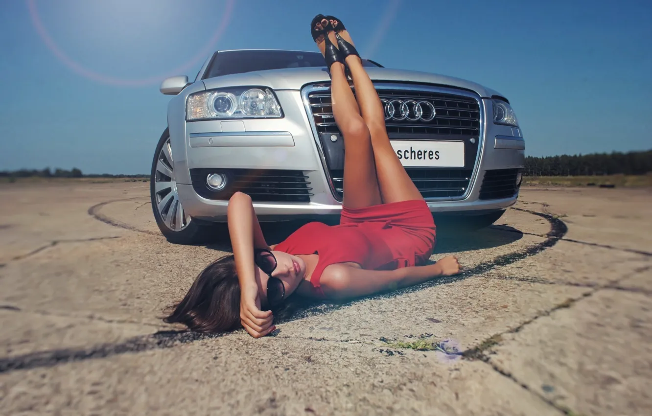 Photo wallpaper auto, girl, Audi, dress, glasses