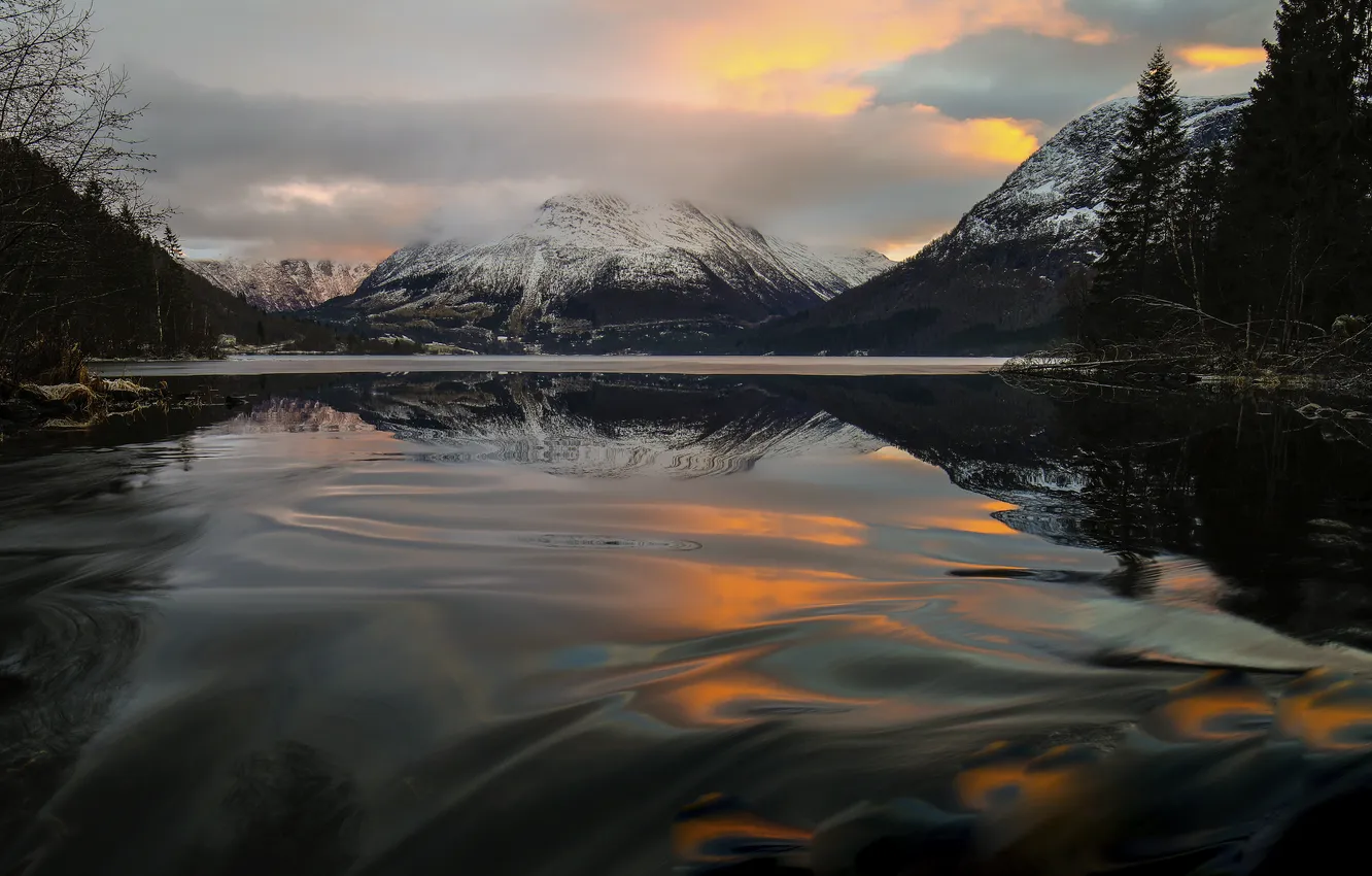 Photo wallpaper wave, the sky, water, clouds, light, snow, mountains, branches