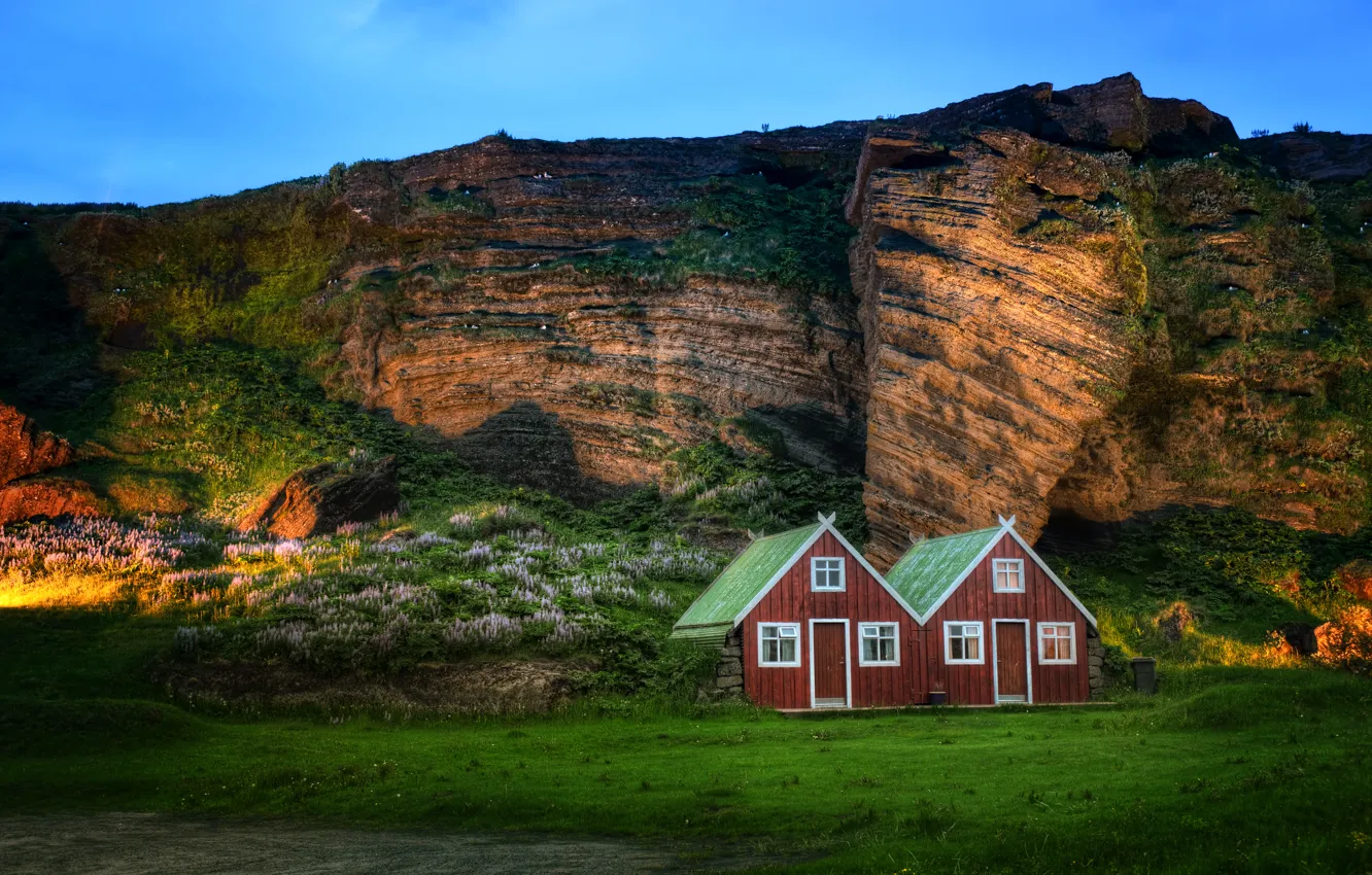 Photo wallpaper light, rock, mountain, the evening, house, hut, twilight, Iceland