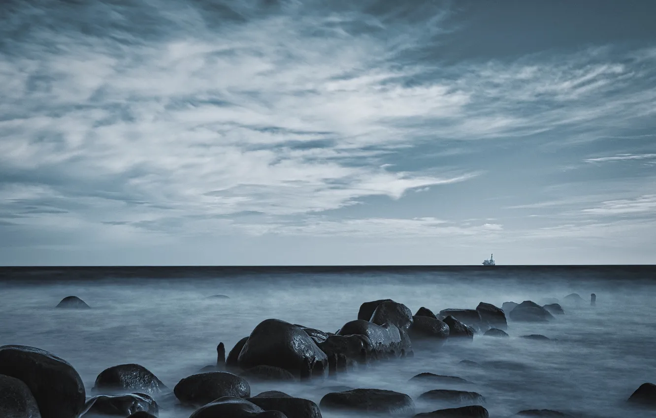 Photo wallpaper sea, the sky, clouds, stones, overcast, shore, ship, dal