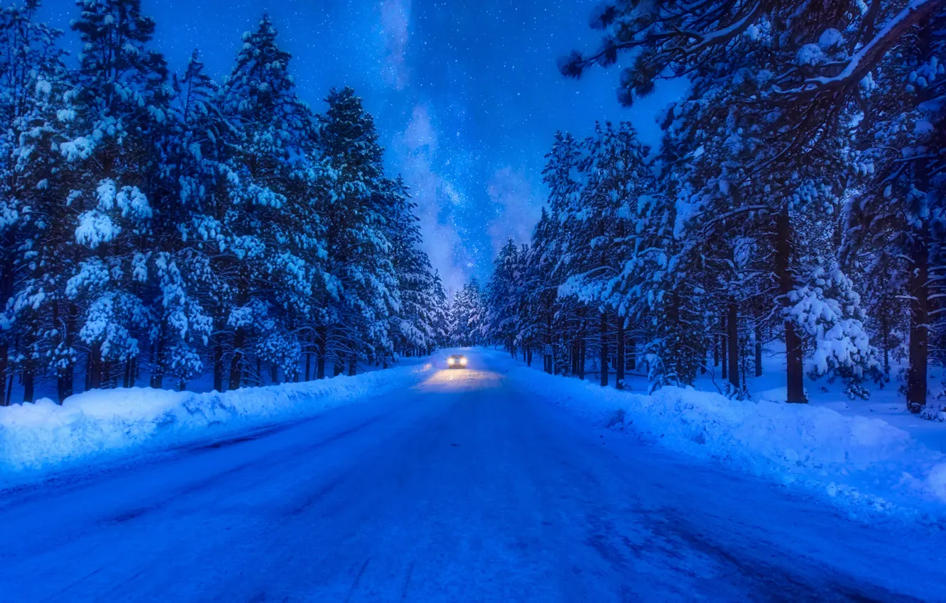 Photo wallpaper winter, road, machine, auto, forest, snow, trees, Canada