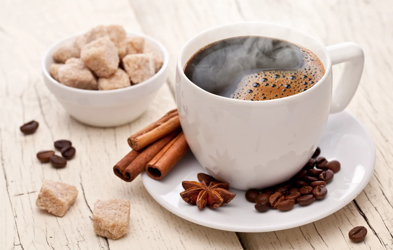 Photo wallpaper coffee, grain, Cup, sugar, cinnamon