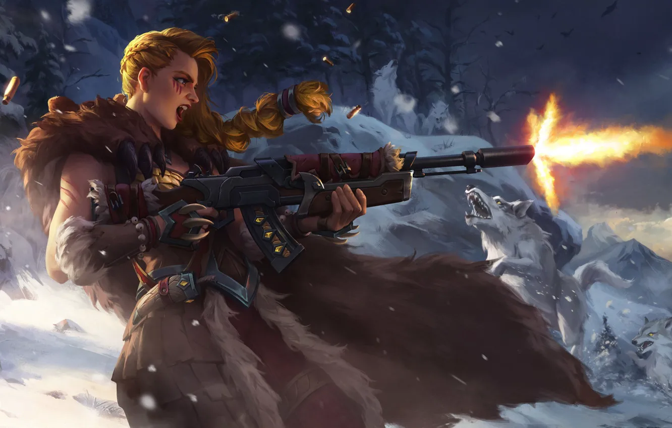 Photo wallpaper winter, forest, girl, snow, weapons, wolf