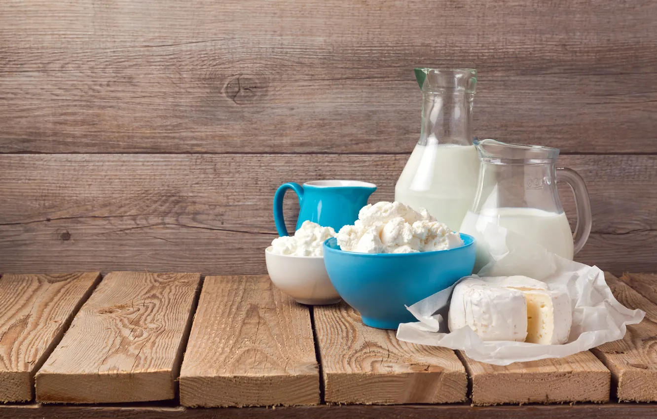 Photo wallpaper Board, cheese, milk, bowl, pitcher, bokeh, cheese, dairy products