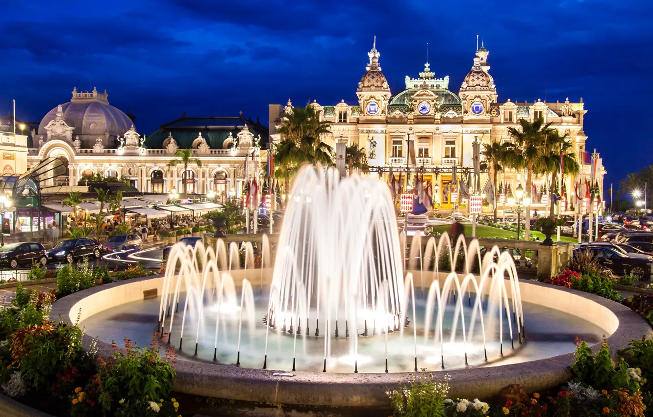 Photo wallpaper night, lights, fountain, Palace, Monaco, Monte Carlo, casino