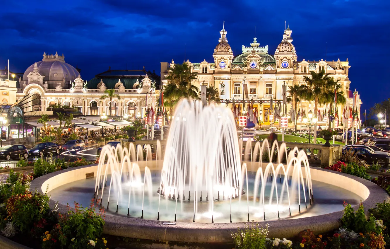 Photo wallpaper night, lights, fountain, Palace, Monaco, Monte Carlo, Casino