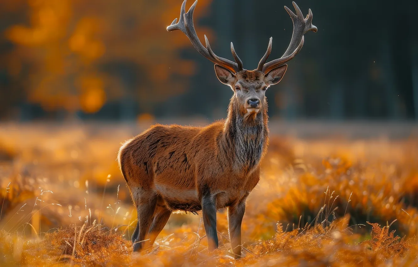 Photo wallpaper grass, look, deer, horns, ears, front, digital art, AI art