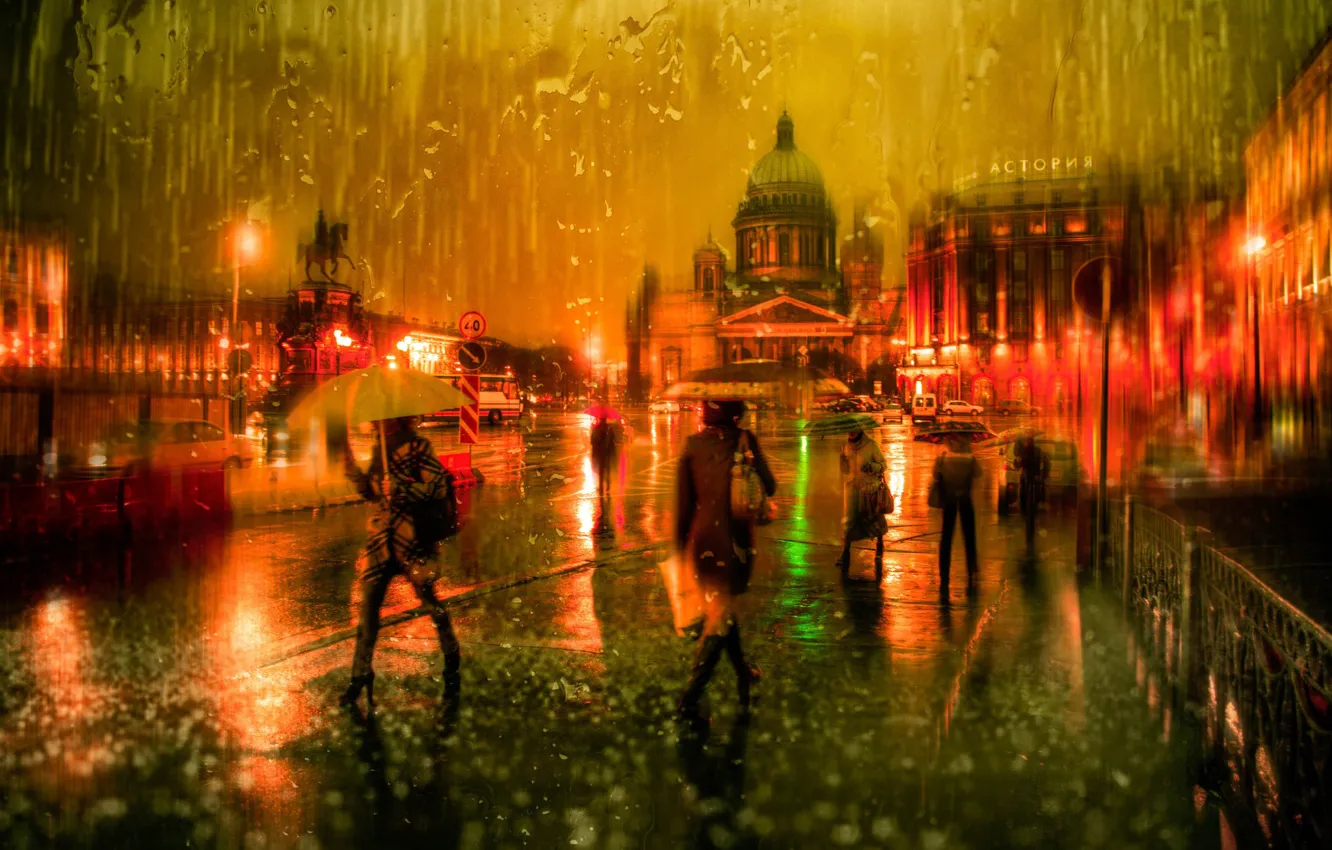 Photo wallpaper autumn, rain, Saint Petersburg, passers-by