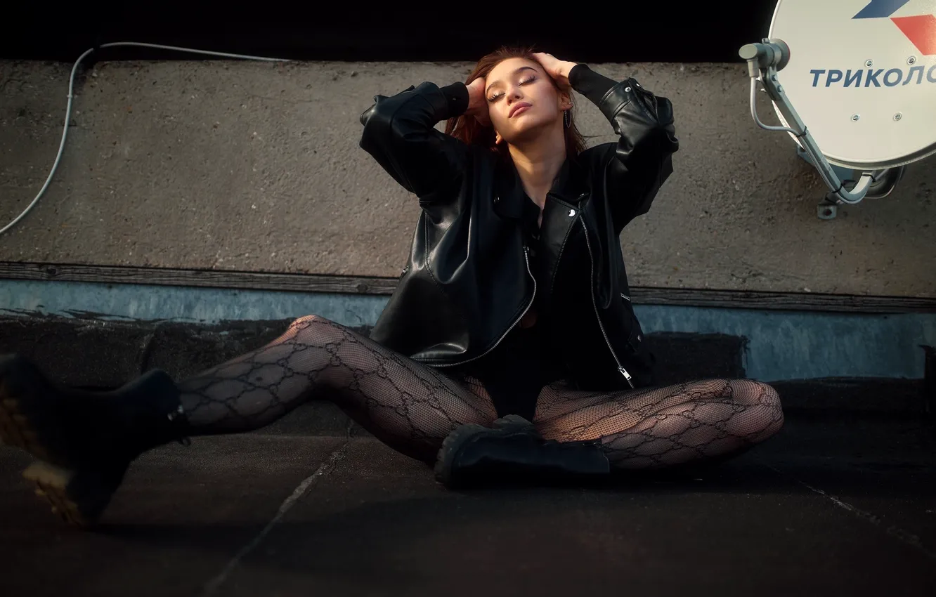 Photo wallpaper girl, pose, feet, jacket, tights, closed eyes, Ankle boots, Sergey Bogatkov