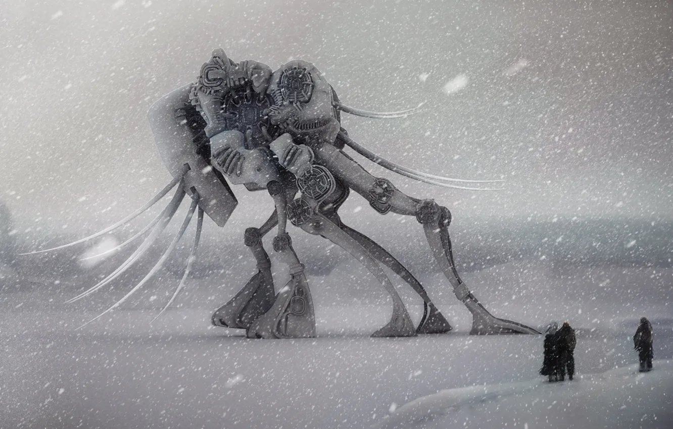 Photo wallpaper winter, robot, worlds, snowfall