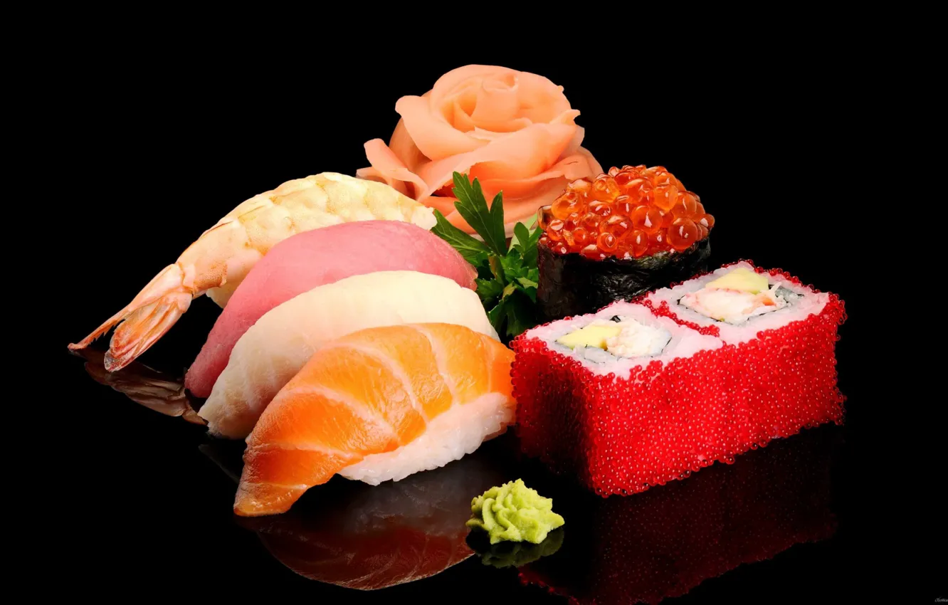 Photo wallpaper fish, figure, caviar, sushi, ginger, cuts, sashimi