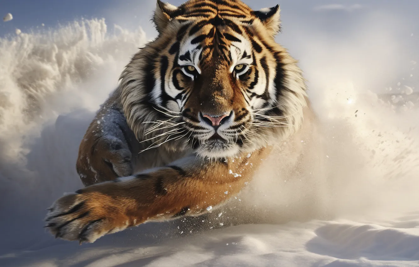 Photo wallpaper winter, look, face, snow, tiger, predator, running, big cat