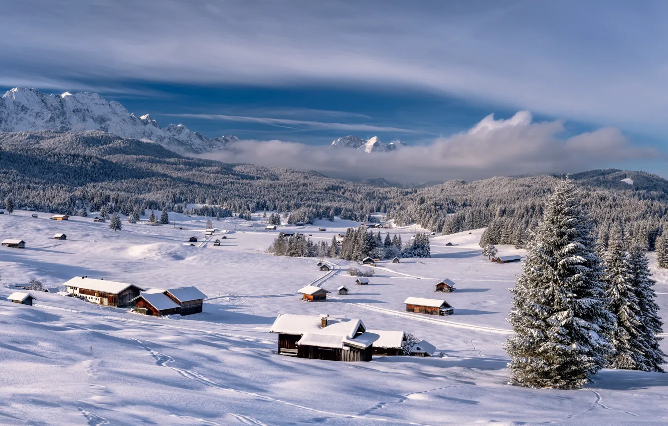 Photo wallpaper winter, frost, roof, forest, the sky, clouds, snow, trees