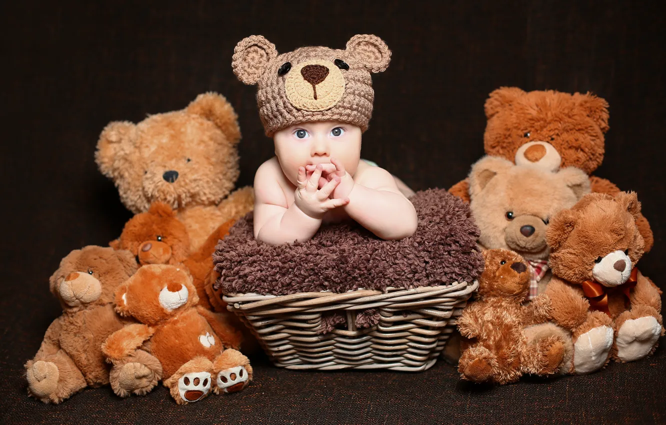 Photo wallpaper fur, basket, Baby, bear, cap, baby, teddy, Cute