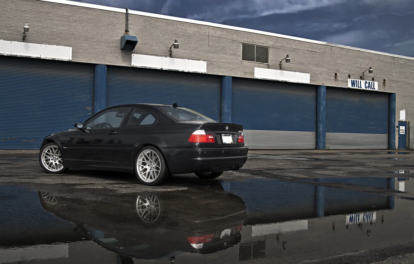Photo wallpaper the sky, clouds, black, building, BMW, BMW, black, rear view