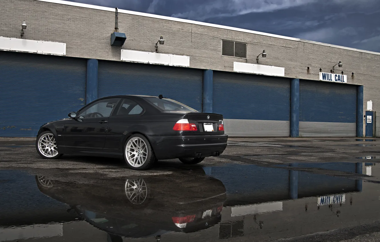 Photo wallpaper the sky, clouds, black, the building, bmw, BMW, black, rear view