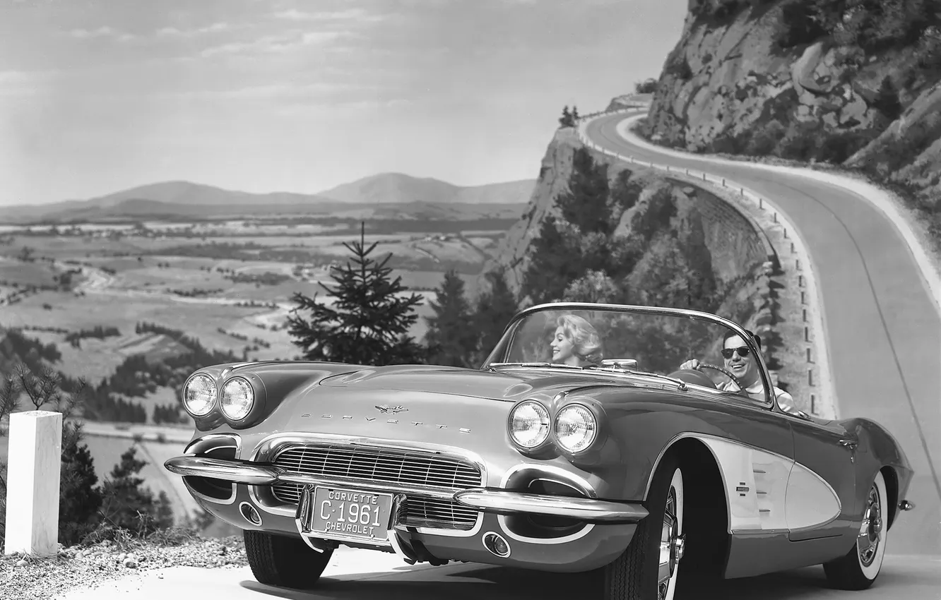 Photo wallpaper trees, retro, Corvette, Chevrolet, panorama, Black and white, Chevrolet, serpentine