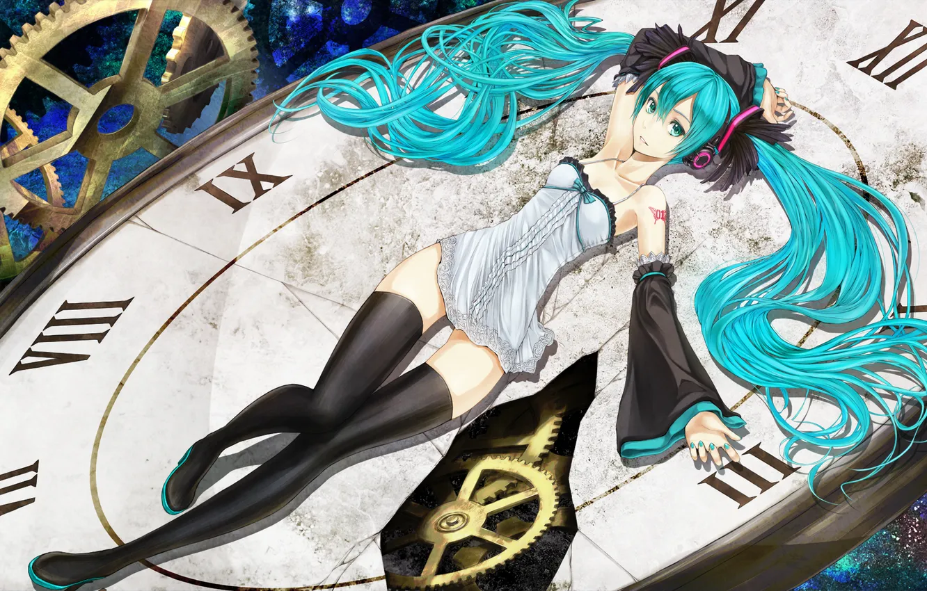 Photo wallpaper girl, watch, mechanism, stockings, headphones, dial, vocaloid, hatsune miku