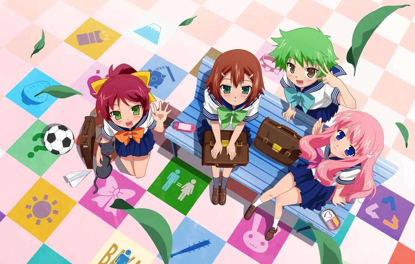 Photo wallpaper leaves, bench, each, the ball, portfolio, bow, black cat, green hair