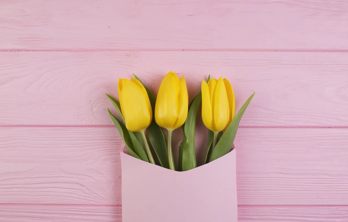 Photo wallpaper flowers, bouquet, yellow, tulips, fresh, yellow, wood, pink