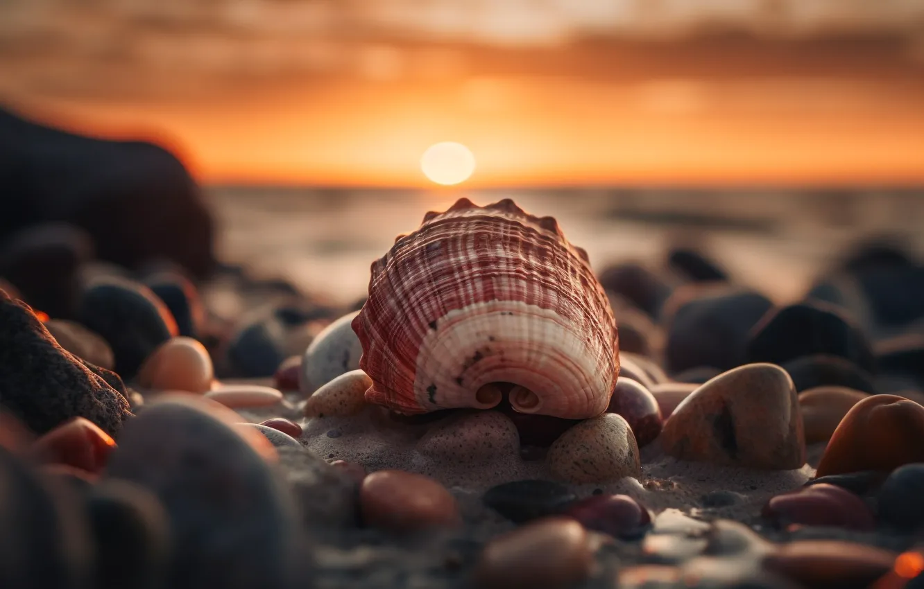 Photo wallpaper sea, beach, the sky, the sun, macro, sunset, pebbles, stones