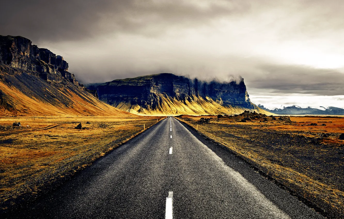 Photo wallpaper road, clouds, mountains, Iceland