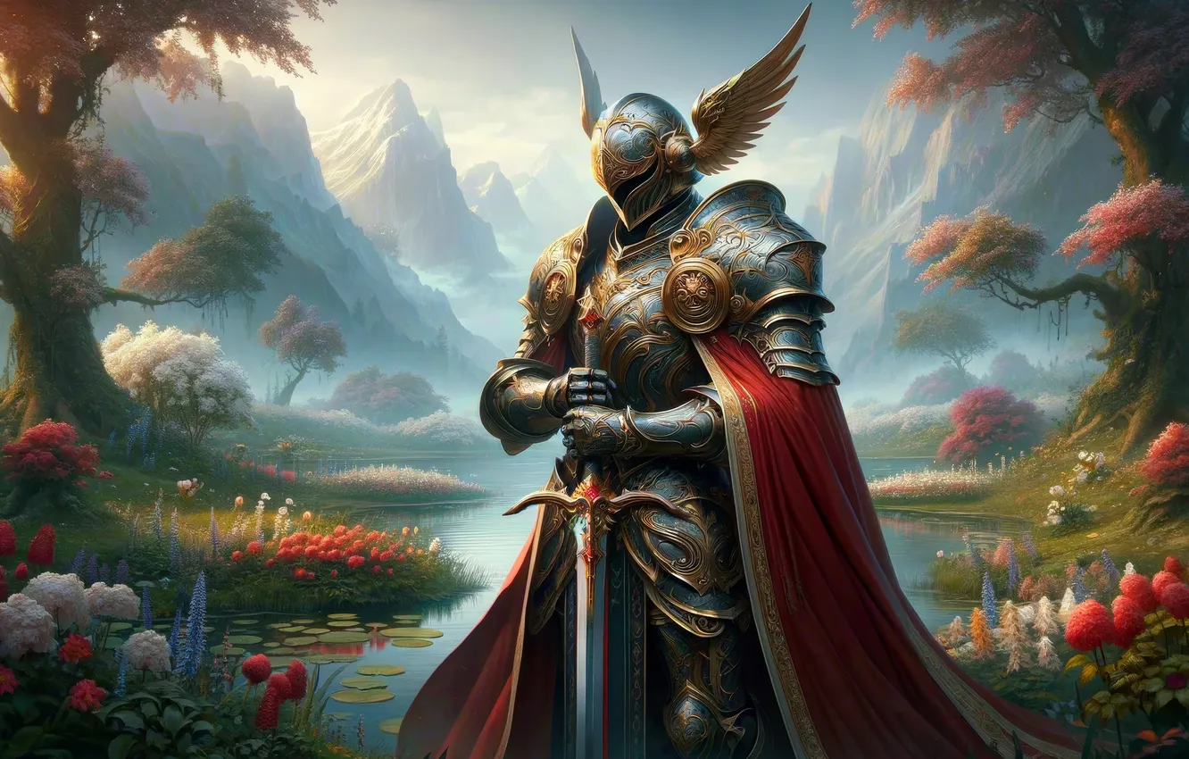 Photo wallpaper sword, flowers, knight, AI Art