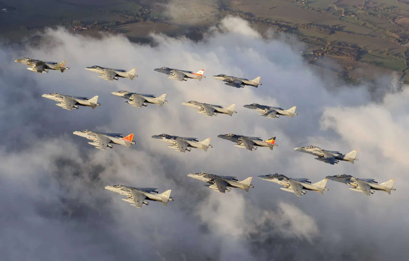 Photo wallpaper clouds, flight, fighters, Harrier, stormtroopers, McDonnell Douglas, AV-8B