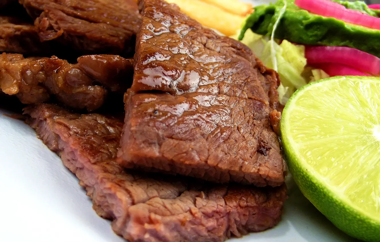Photo wallpaper macro, food, meat, lime, vegetables, piece, steak