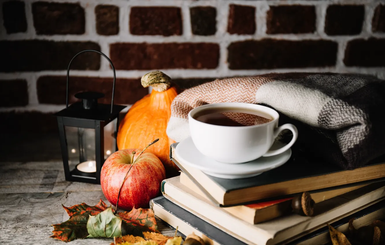 Photo wallpaper autumn, leaves, tea, apples, pumpkin, book, drink