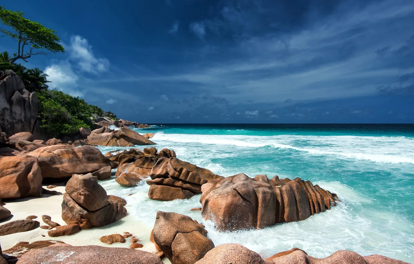 Photo wallpaper waves, sky, trees, sea, landscape, coast, nature, water