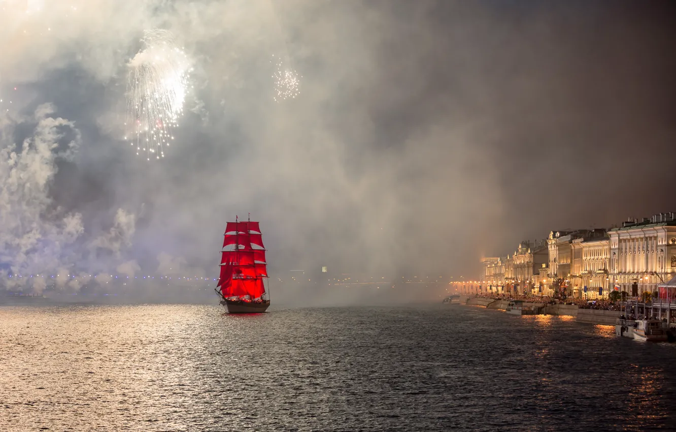 Photo wallpaper night, river, holiday, smoke, ship, salute, Peter, Saint Petersburg