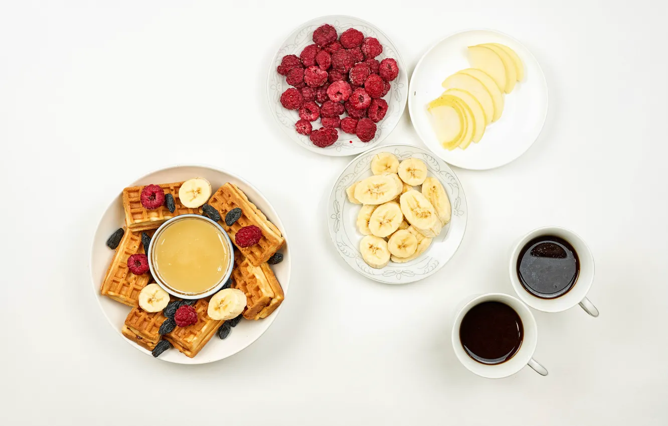 Photo wallpaper raspberry, table, coffee, berry, plate, bananas, Cup, fruit