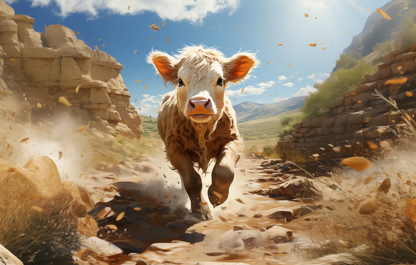 Photo wallpaper the sun, clouds, stones, running, digital art, calf, bull, AI art
