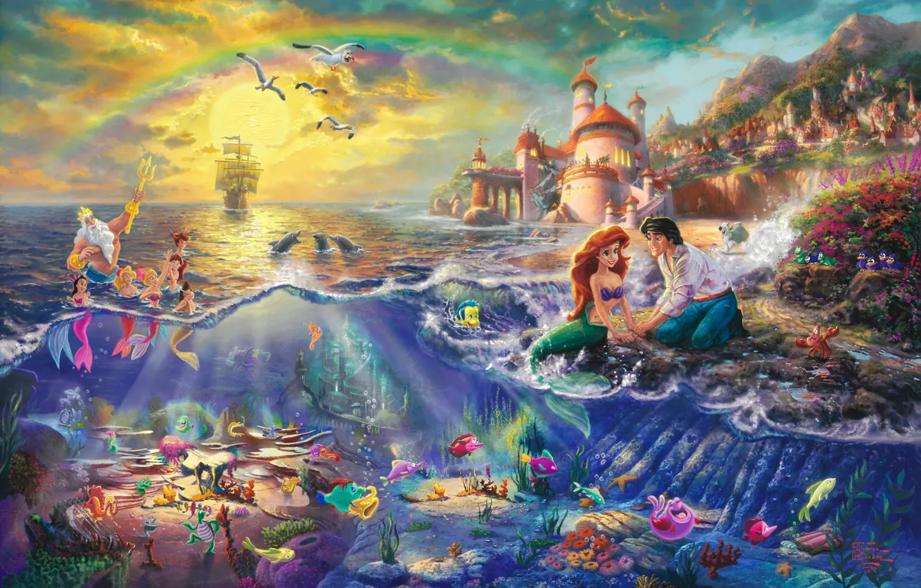 Photo wallpaper castle, cartoon, rainbow, sail, Prince, painting, Princess, Ariel