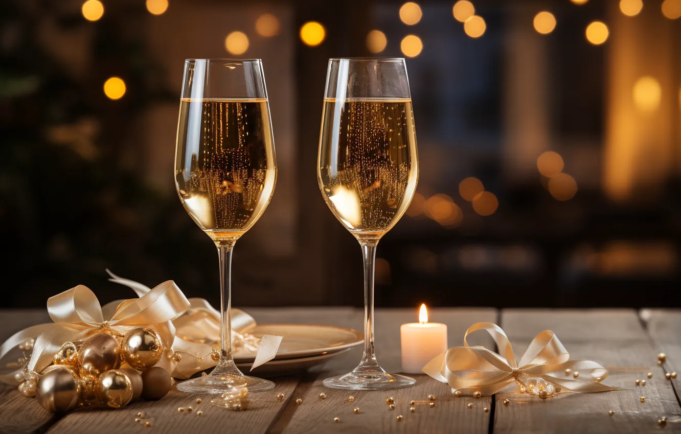 Photo wallpaper decoration, gold, balls, glass, new year, golden, champagne, Christmas