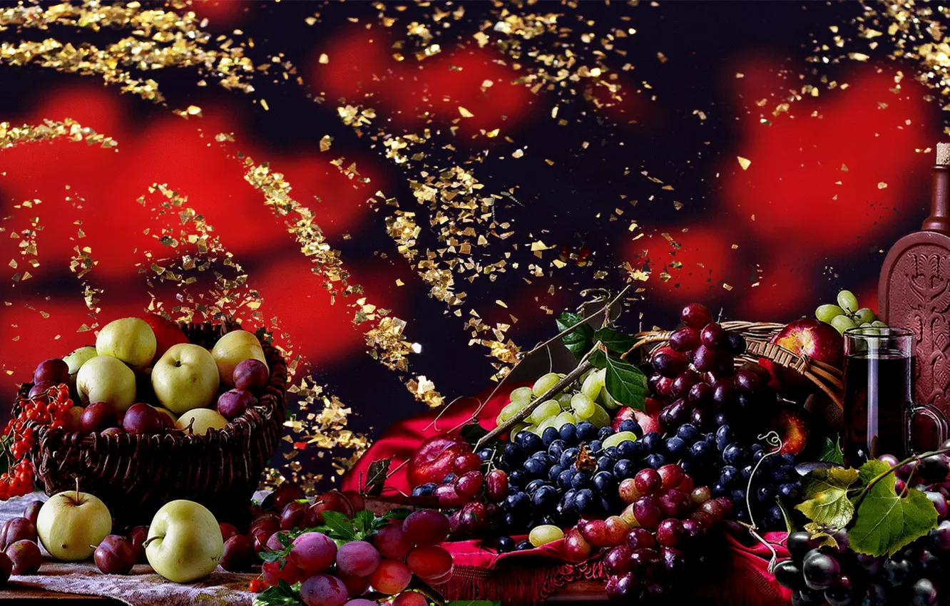 Photo wallpaper apples, Grapes, still life