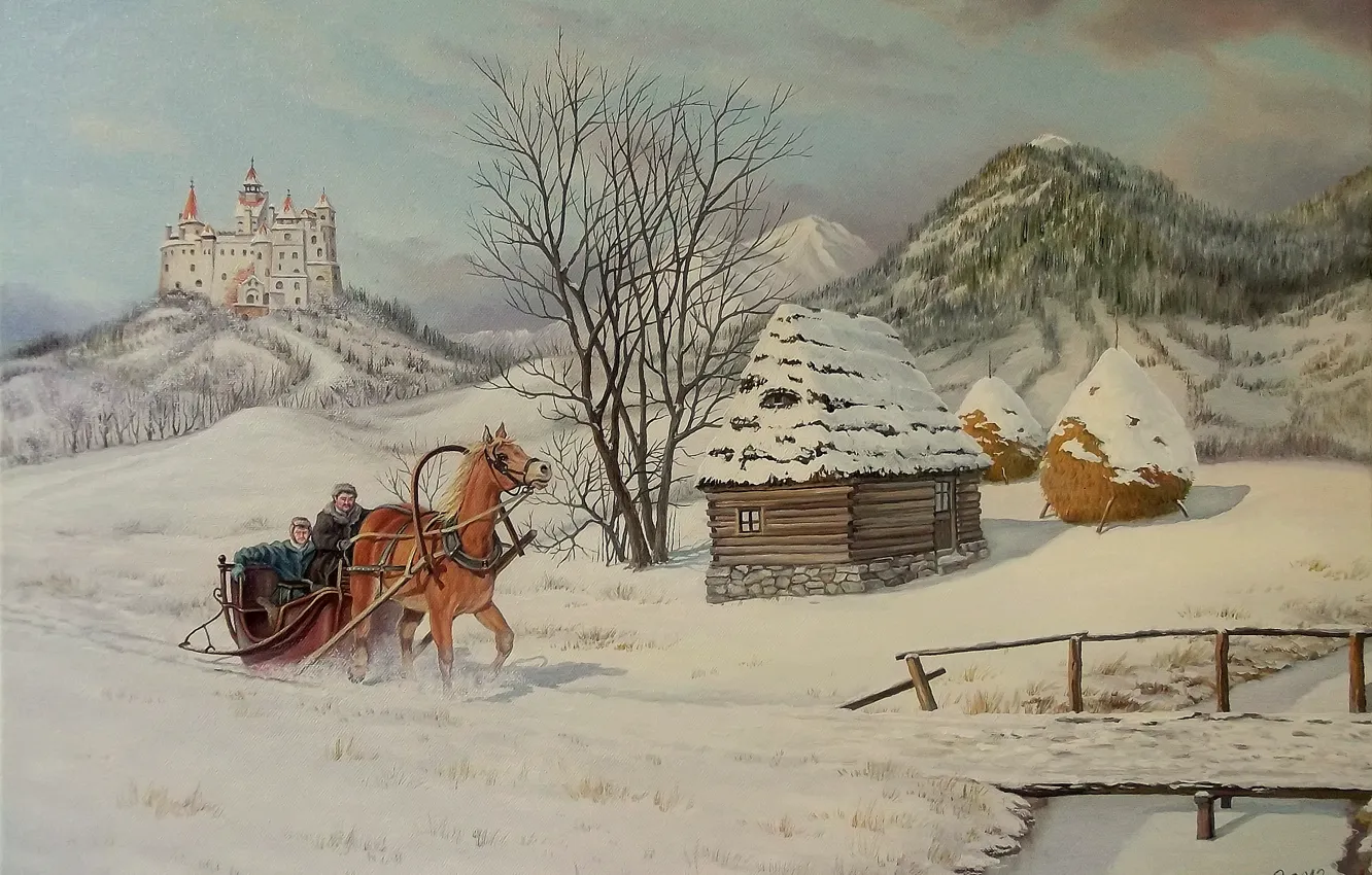Photo wallpaper winter, snow, trees, bridge, house, castle, horse, sleigh