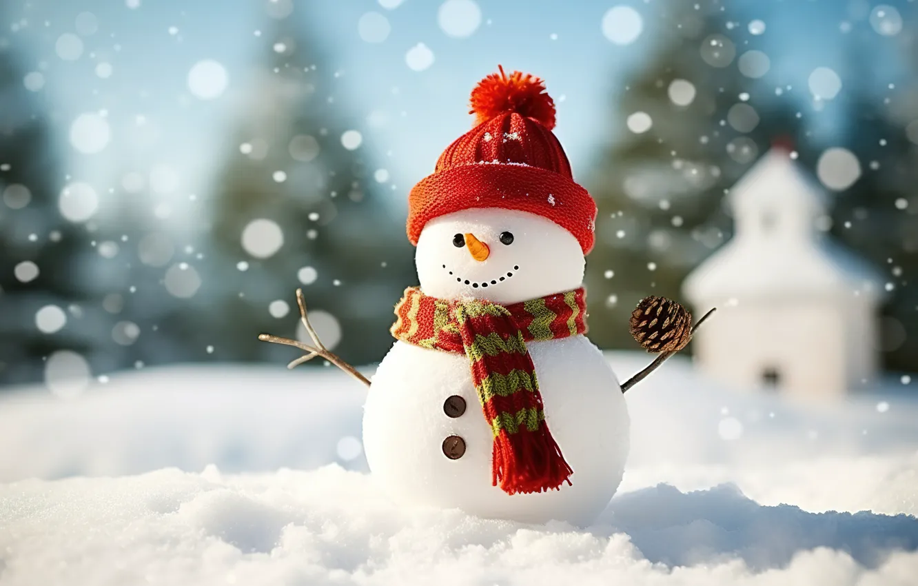 Photo wallpaper winter, snow, snowflakes, new year, Christmas, snowman, Christmas, winter