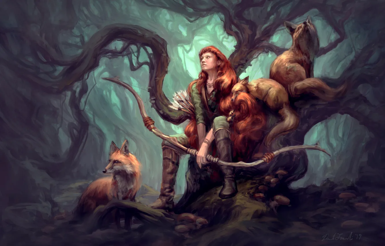 Photo wallpaper animals, girl, nature, animals, tree, art, Fox, hunter