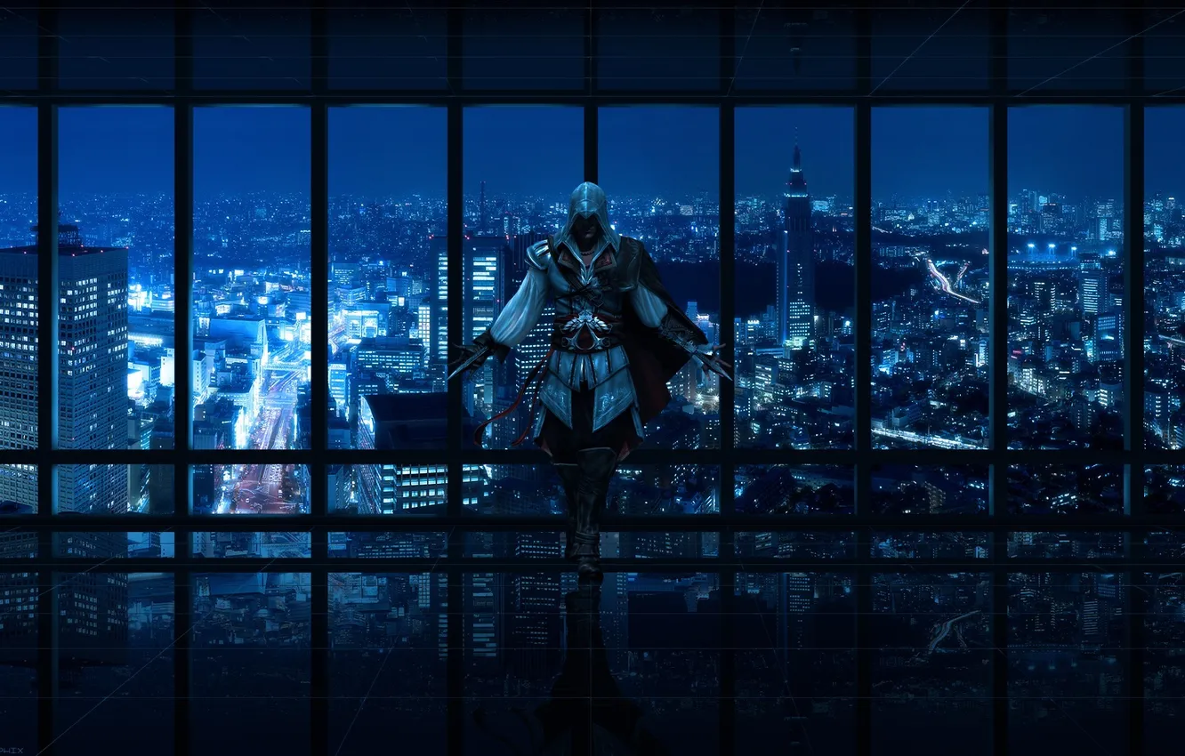 Photo wallpaper strips, city, the city, panorama, night, panorama, Ezio, the creed of the assassins