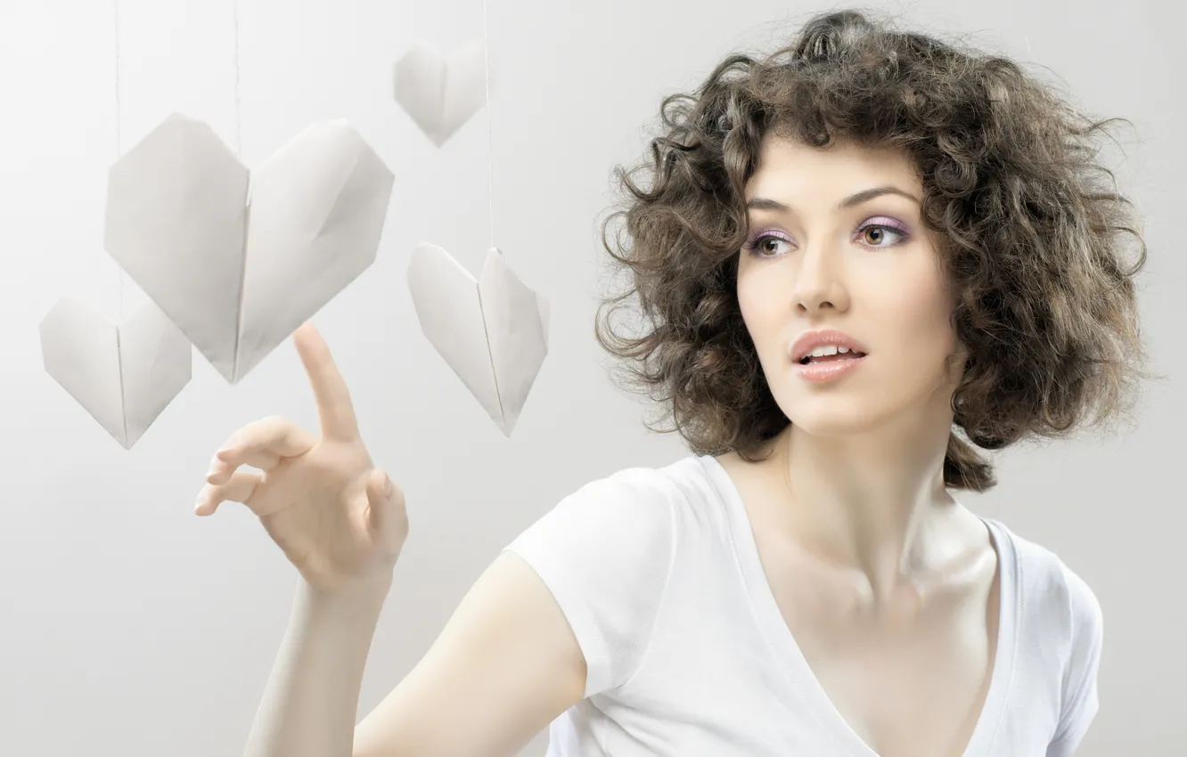 Photo wallpaper look, girl, paper, Mike, hearts, touch, brown hair, curls