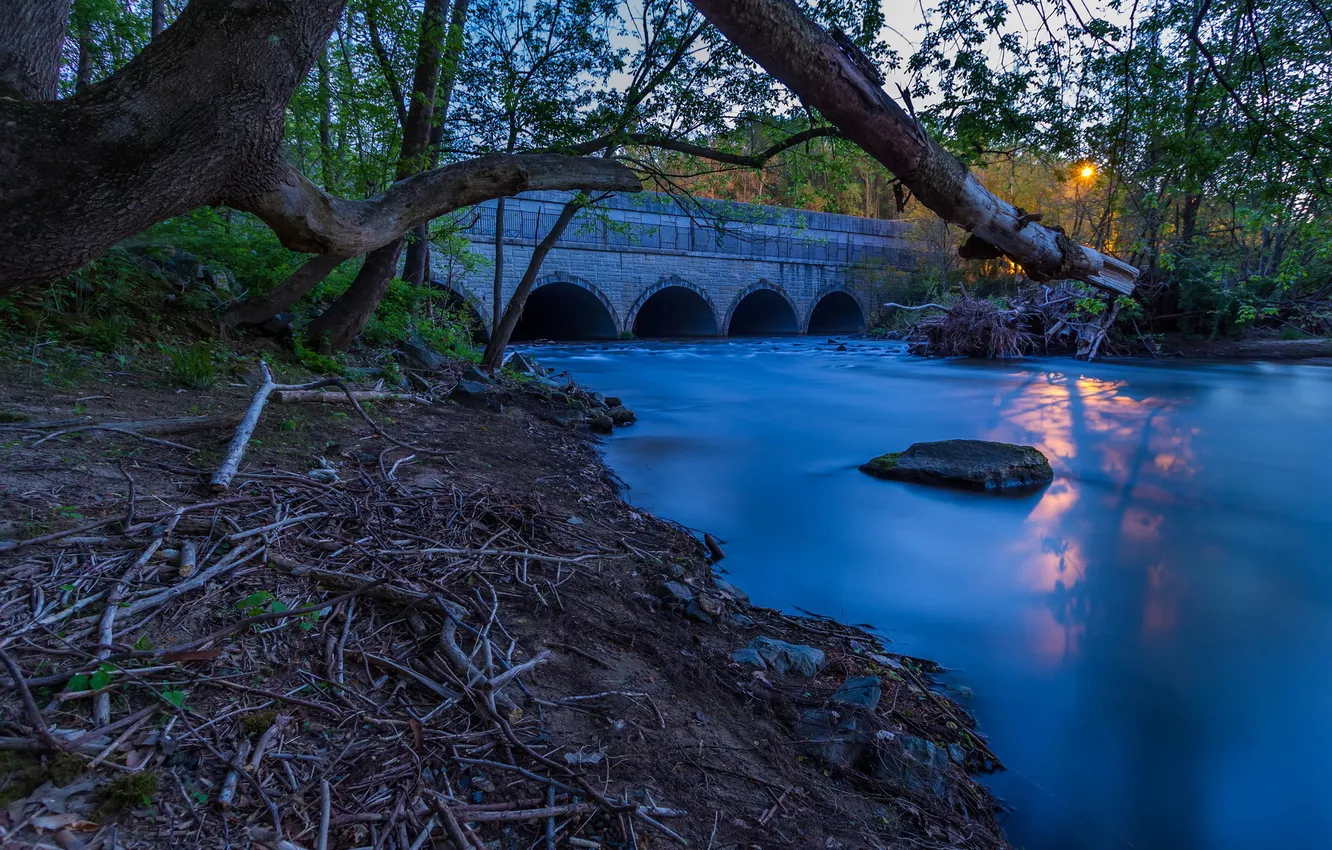 Photo wallpaper the sun, sunset, bridge, Park, river