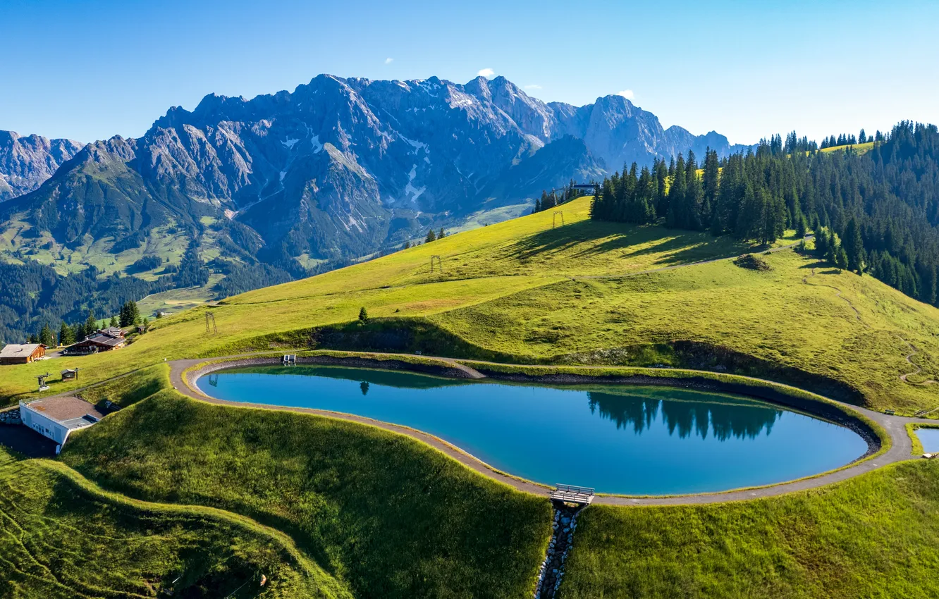 Photo wallpaper house, grass, sky, trees, landscape, nature, water, mountains