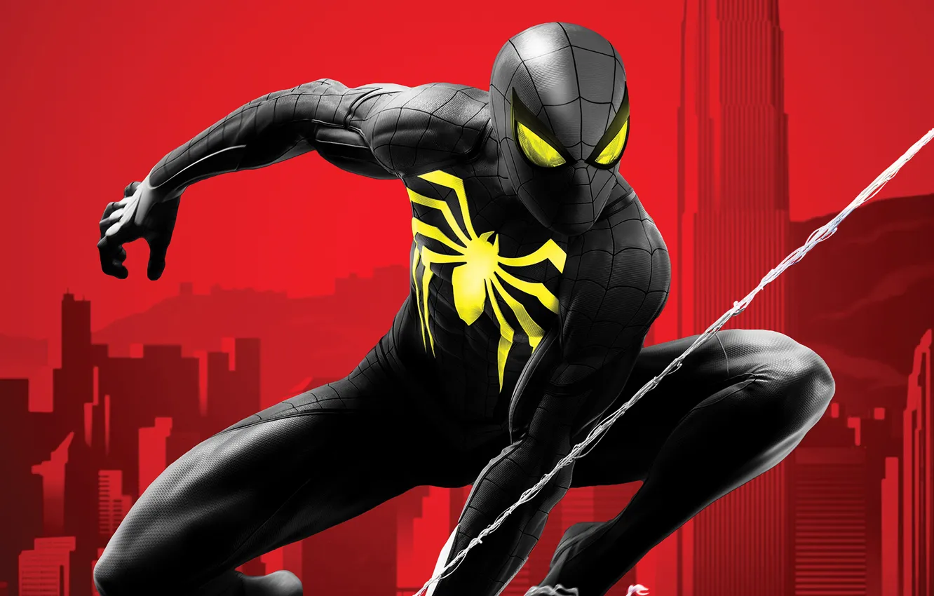 Photo wallpaper fiction, black, web, art, costume, red background, comic, Spider-man