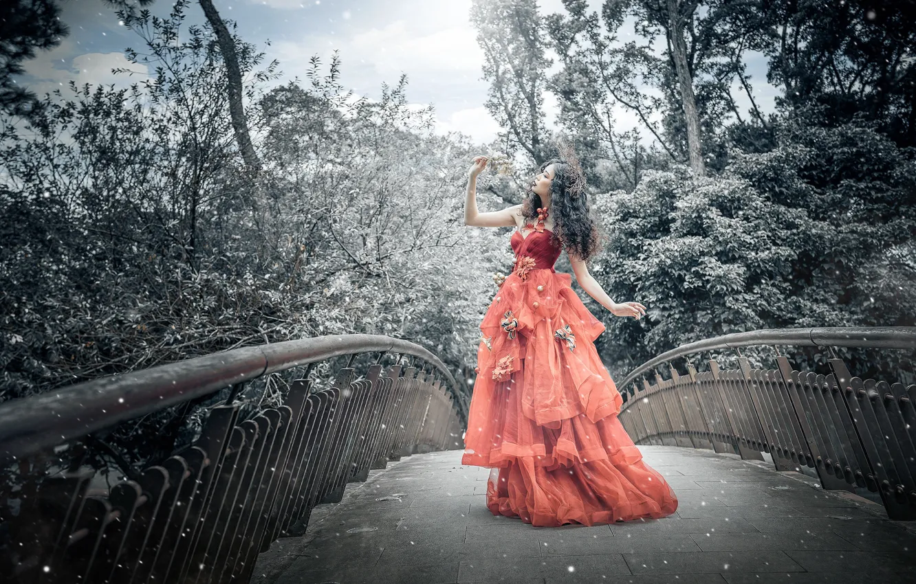 Photo wallpaper girl, trees, red, bridge, nature, pose, style, branch