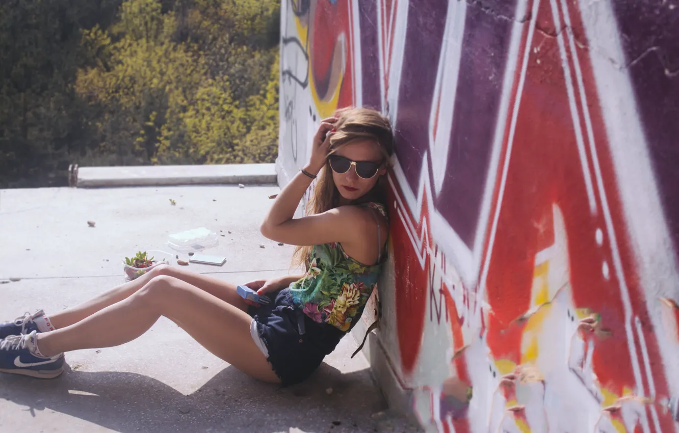 Photo wallpaper girl, pose, glasses, sitting