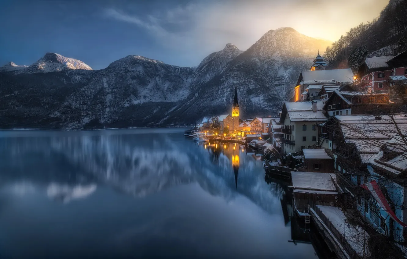 Photo wallpaper light, mountains, the city, lake, Austria, the village