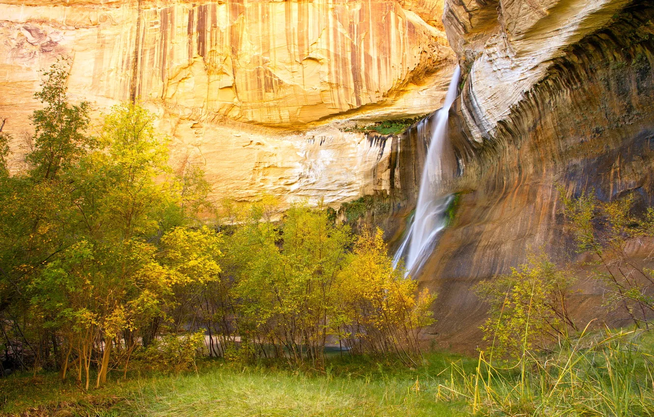 Photo wallpaper autumn, trees, mountains, rocks, waterfall, stream